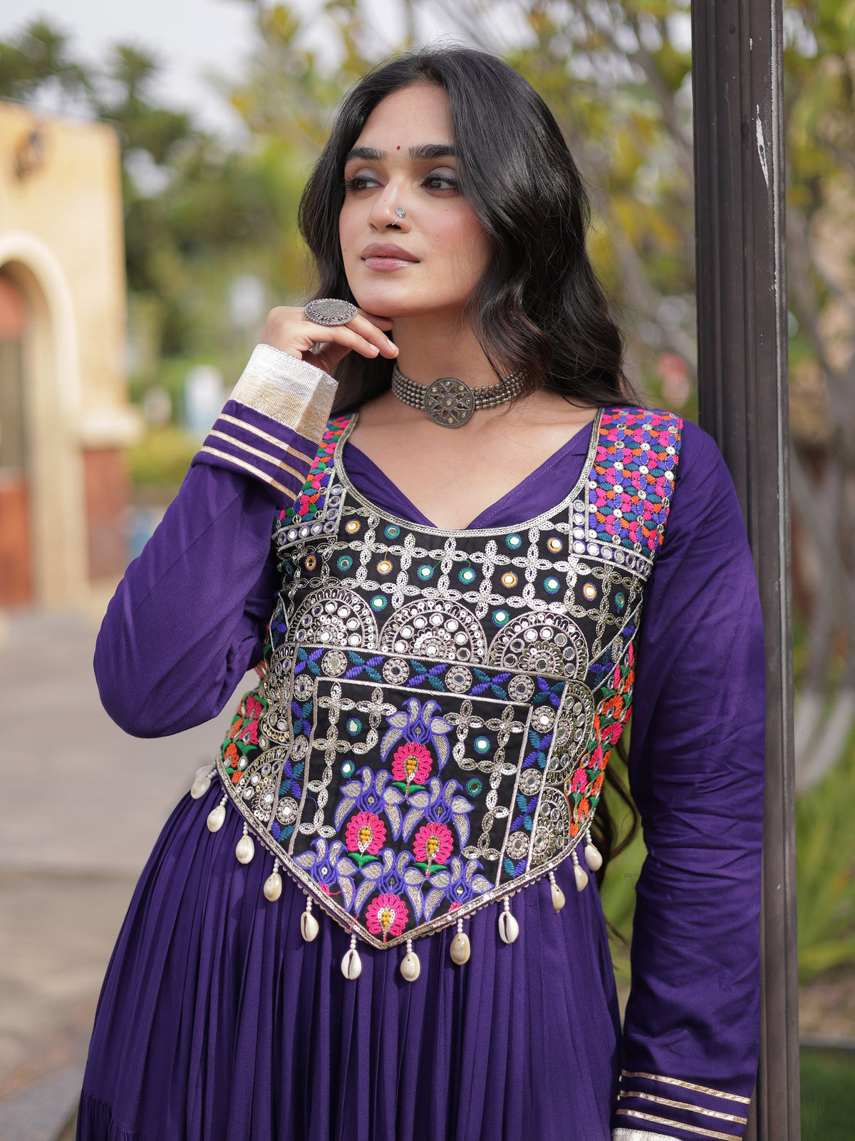 Grand Purple Thread Embroidered Rayon Navratri Wear Gown