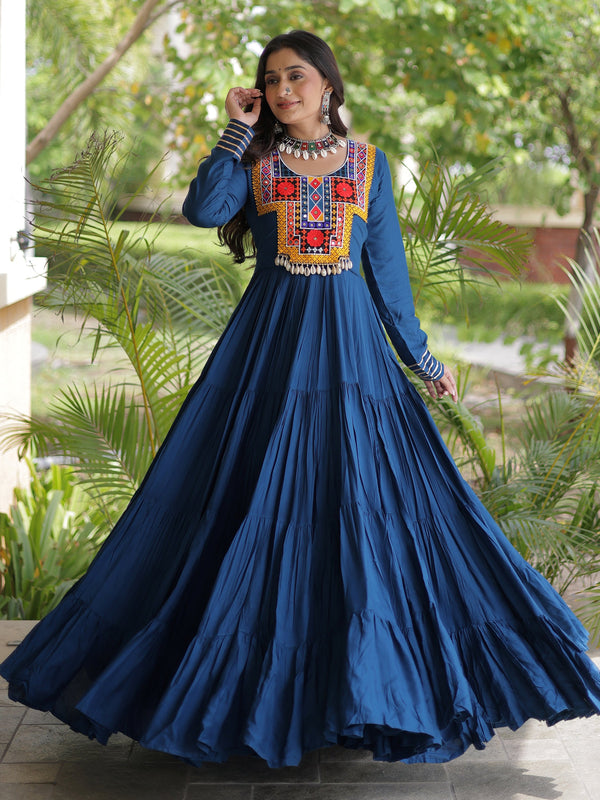 Majestic Blue Gamthi Embroidered Rayon Navratri Wear Gown