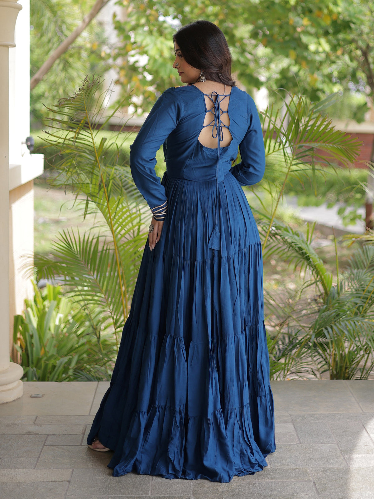 Majestic Blue Gamthi Embroidered Rayon Navratri Wear Gown