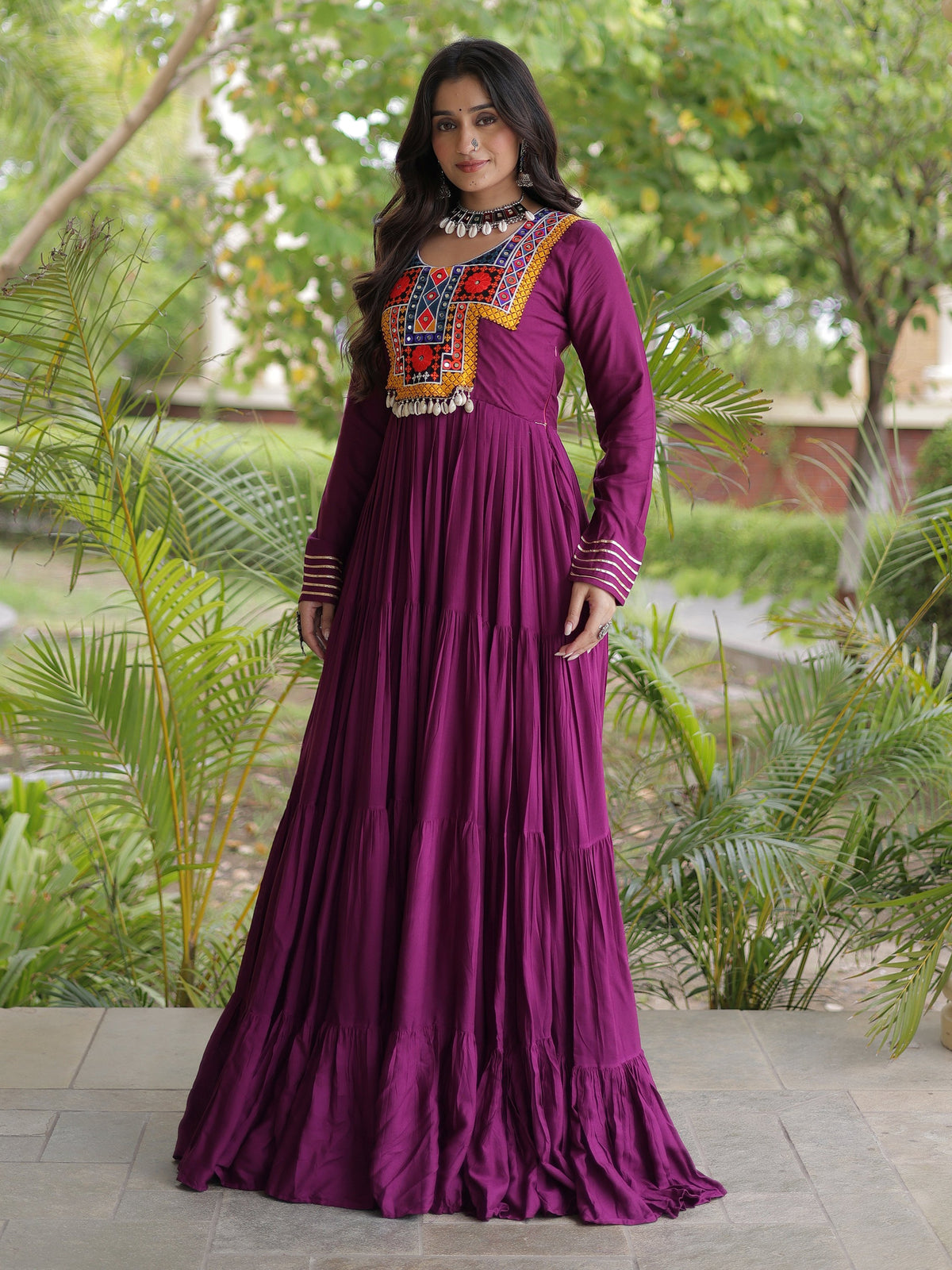 Marvelous Wine Gamthi Embroidered Rayon Navratri Wear Gown