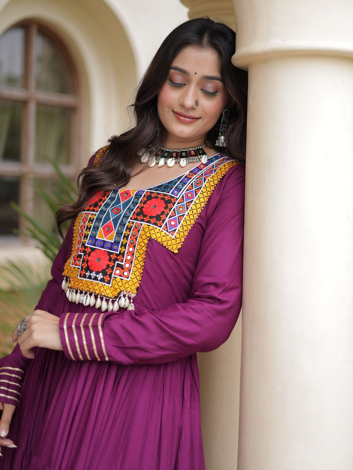 Marvelous Wine Gamthi Embroidered Rayon Navratri Wear Gown