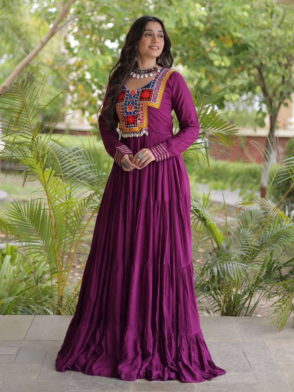 Marvelous Wine Gamthi Embroidered Rayon Navratri Wear Gown