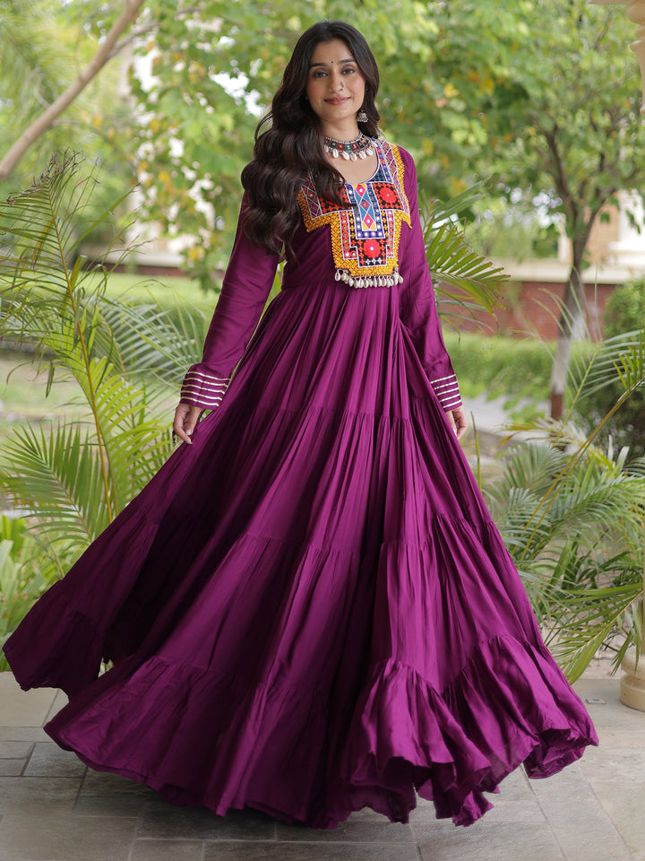 Marvelous Wine Gamthi Embroidered Rayon Navratri Wear Gown