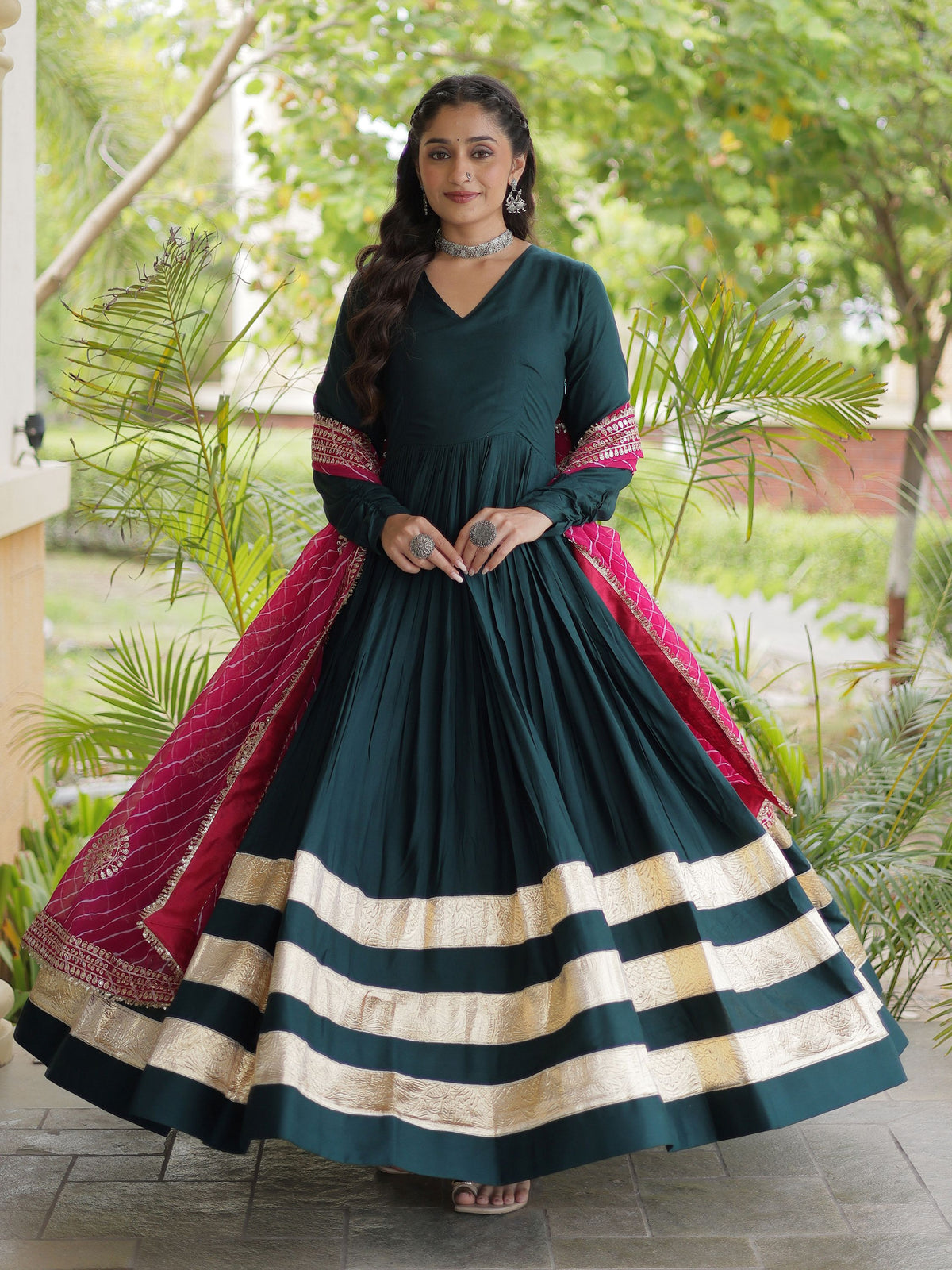 Captivating Bottle Green Gota Patti Rayon Festival Wear Gown