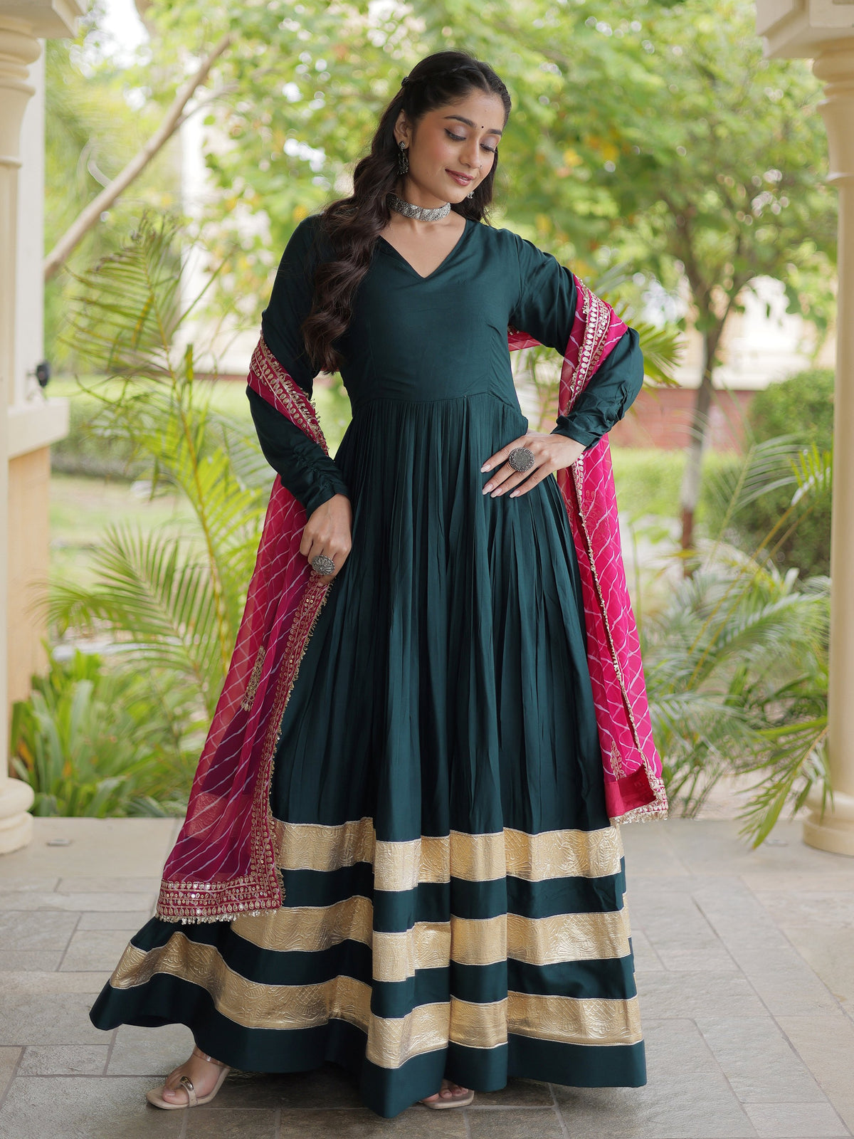 Captivating Bottle Green Gota Patti Rayon Festival Wear Gown