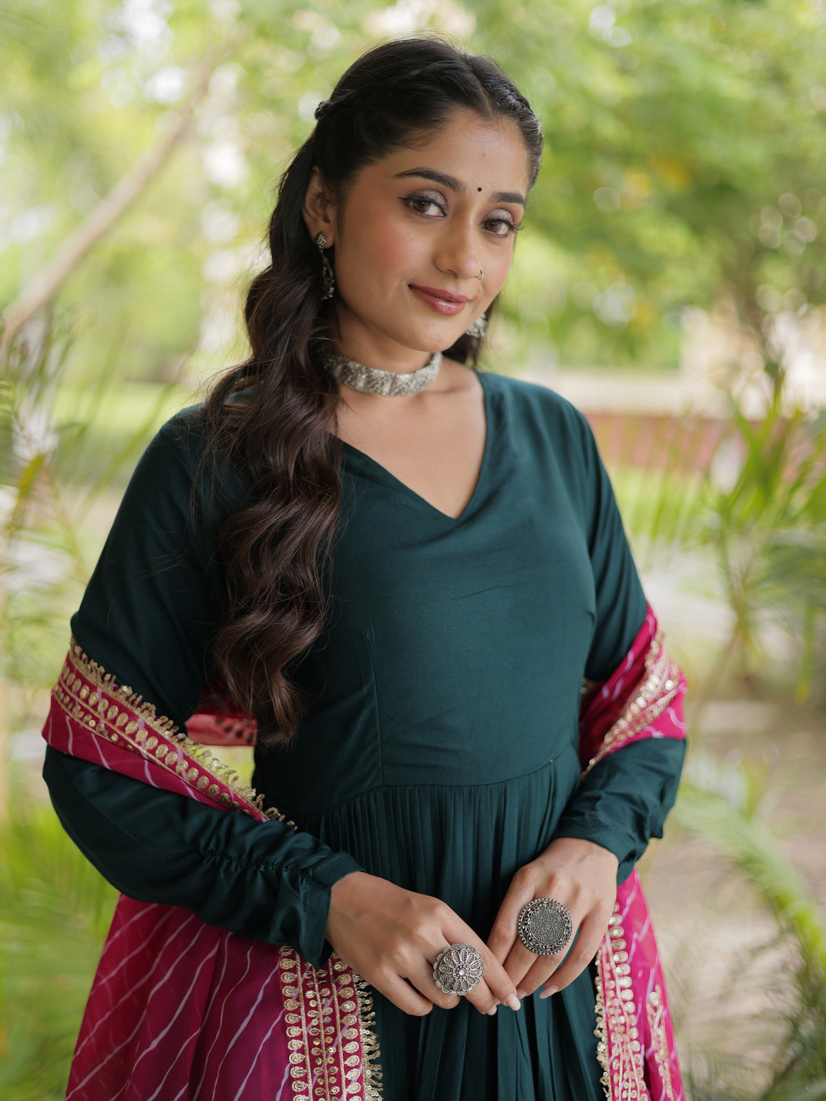 Captivating Bottle Green Gota Patti Rayon Festival Wear Gown
