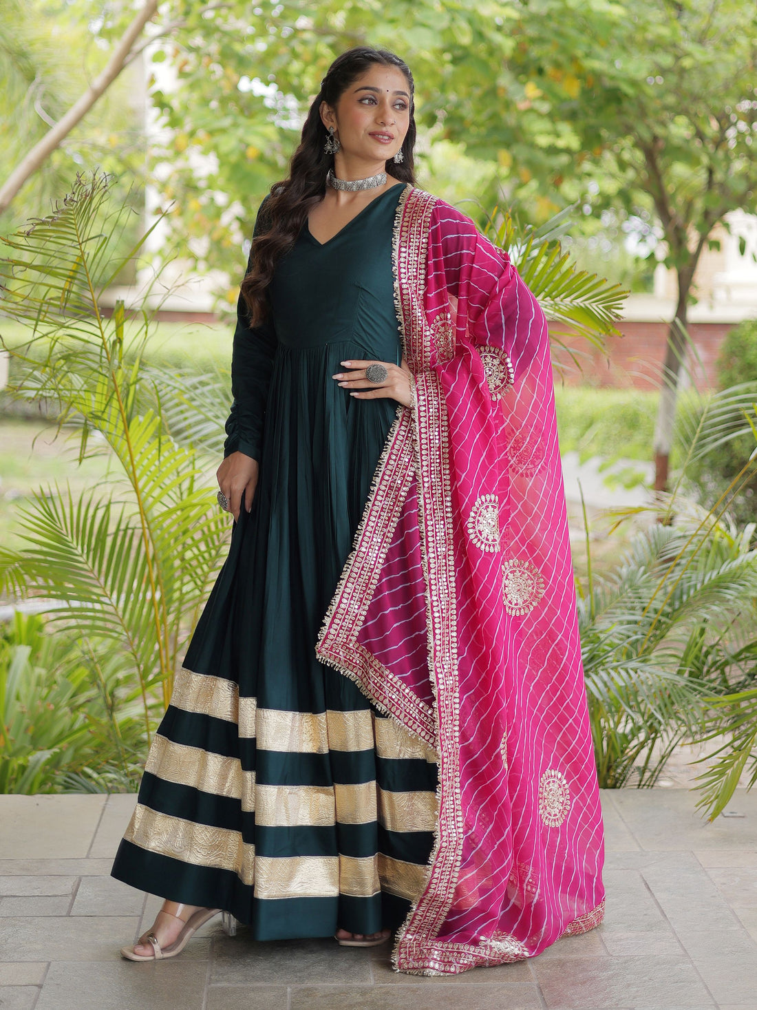 Captivating Bottle Green Gota Patti Rayon Festival Wear Gown