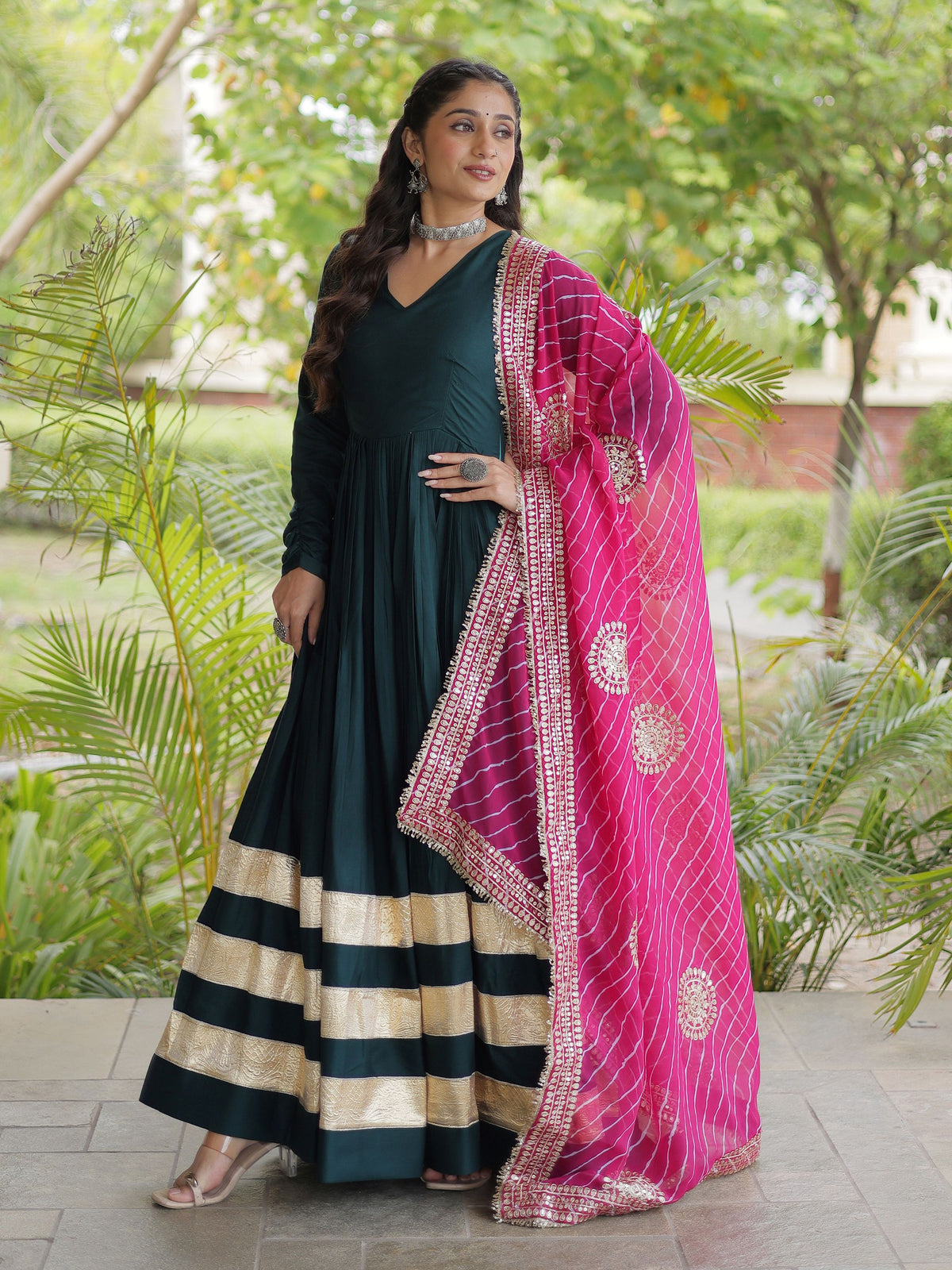 Captivating Bottle Green Gota Patti Rayon Festival Wear Gown