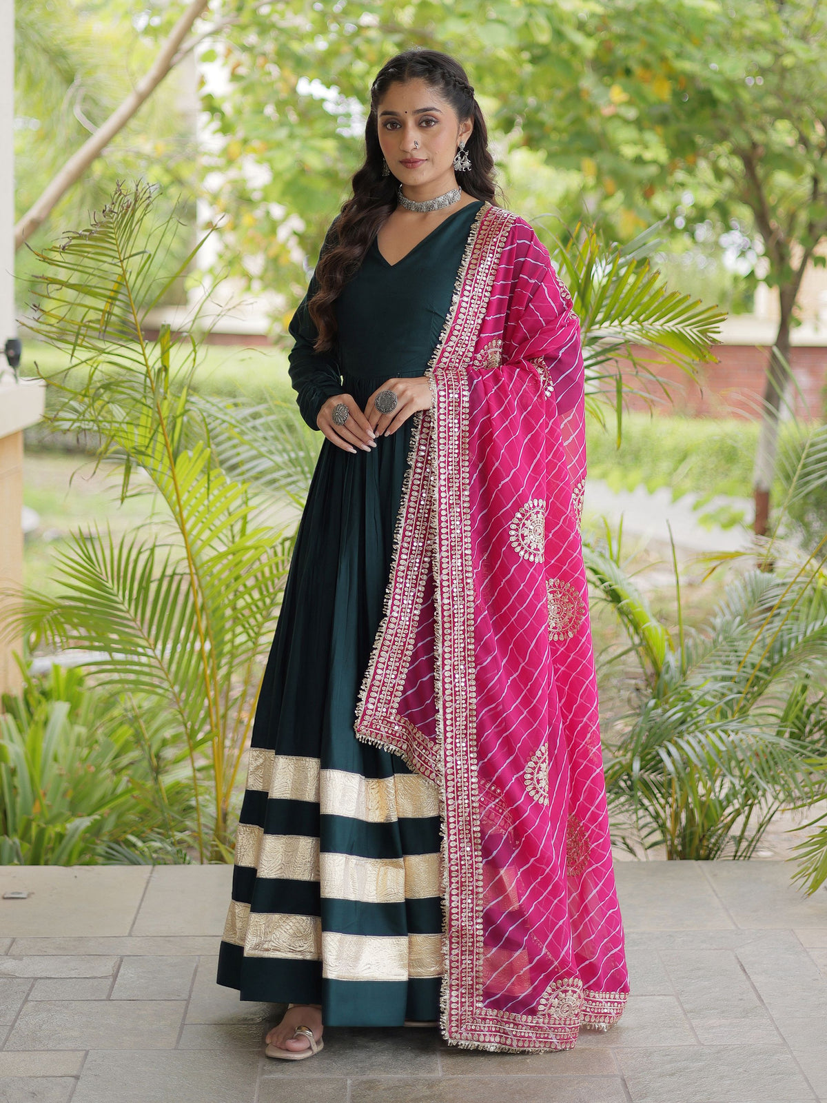 Captivating Bottle Green Gota Patti Rayon Festival Wear Gown