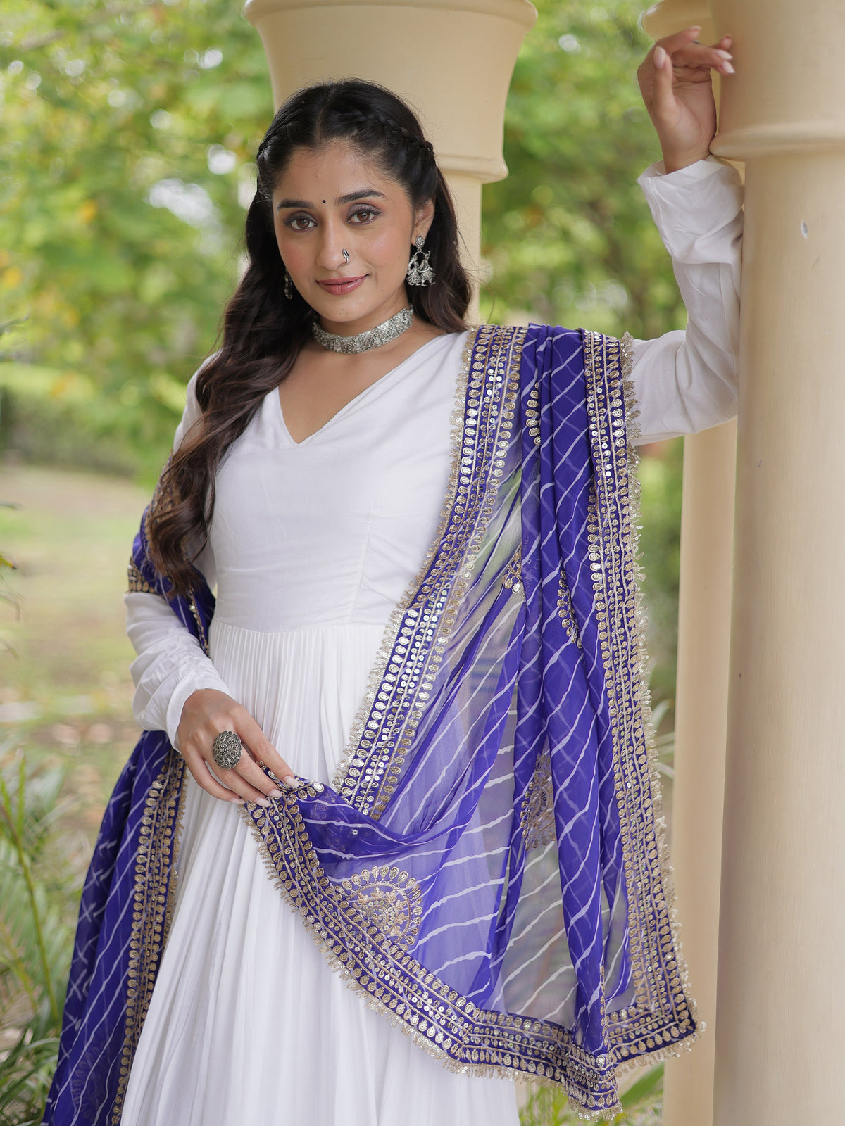 Graceful White Gota Patti Rayon Event Wear Gown With Dupatta