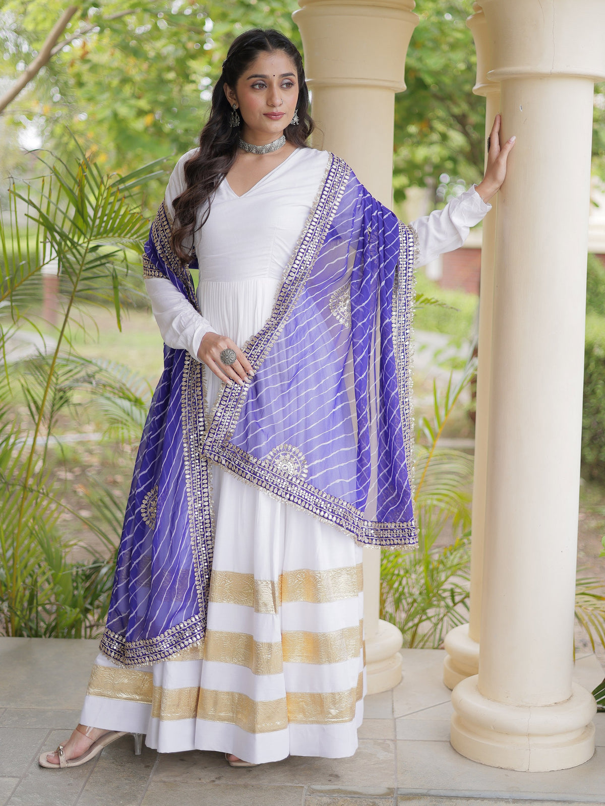 Graceful White Gota Patti Rayon Event Wear Gown With Dupatta