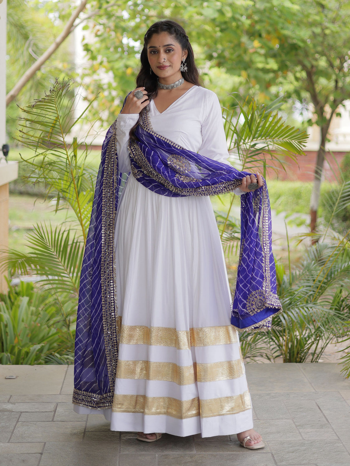 Graceful White Gota Patti Rayon Event Wear Gown With Dupatta