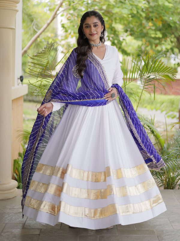Graceful White Gota Patti Rayon Event Wear Gown With Dupatta