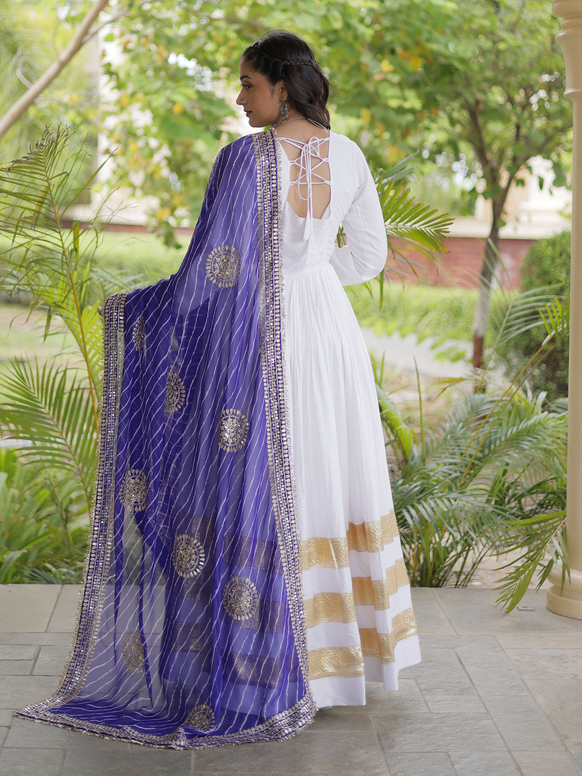Graceful White Gota Patti Rayon Event Wear Gown With Dupatta