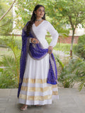 Graceful White Gota Patti Rayon Event Wear Gown With Dupatta
