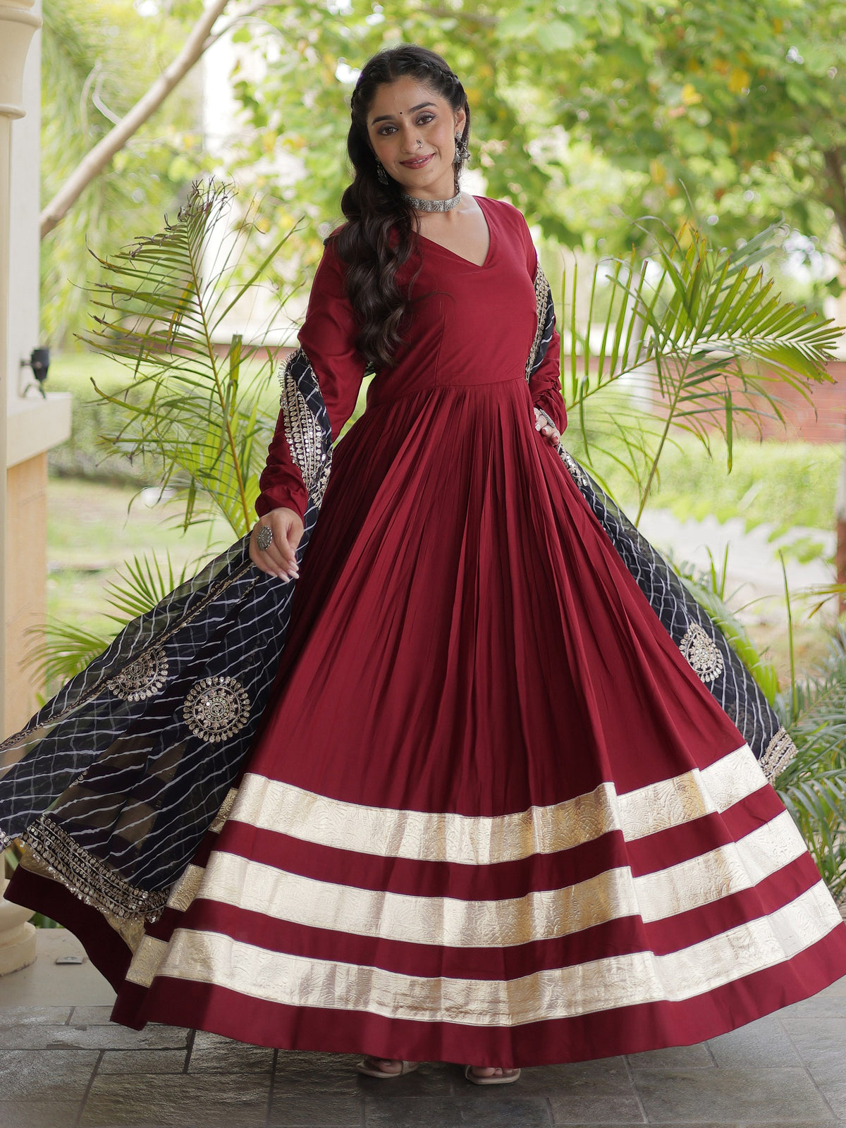 Wonderful Maroon Gota Patti Rayon Festival Wear Gown With Dupatta