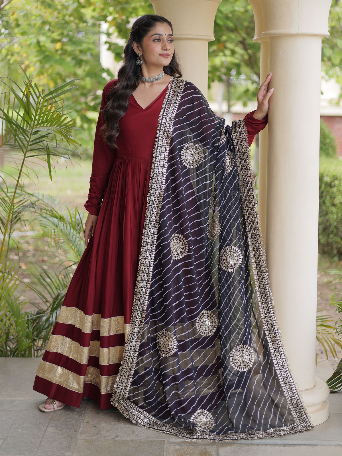 Wonderful Maroon Gota Patti Rayon Festival Wear Gown With Dupatta