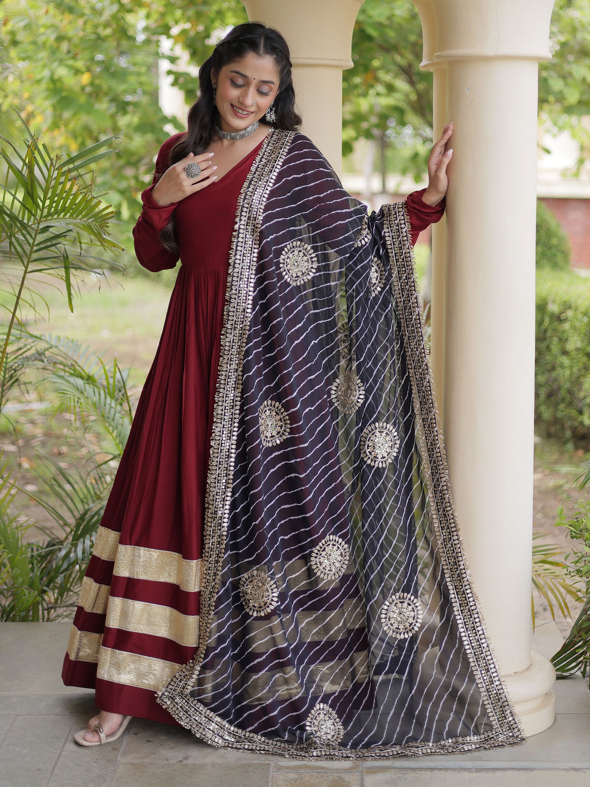 Wonderful Maroon Gota Patti Rayon Festival Wear Gown With Dupatta