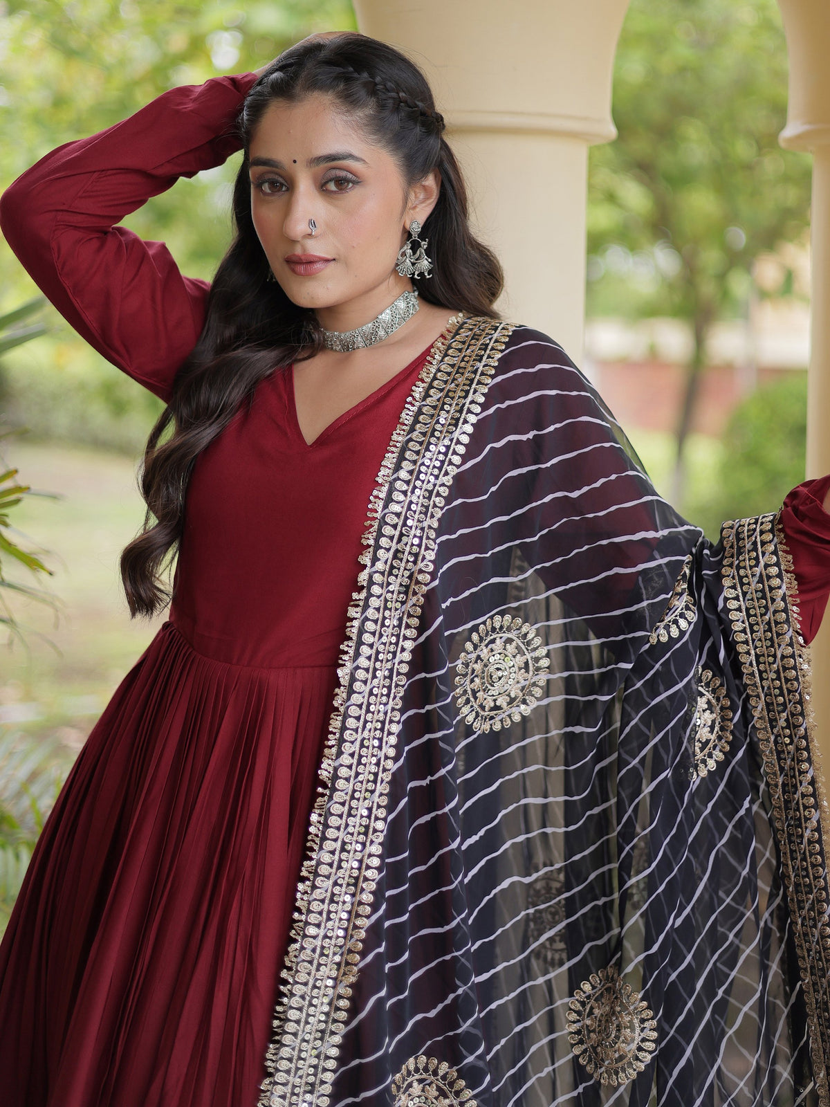 Wonderful Maroon Gota Patti Rayon Festival Wear Gown With Dupatta