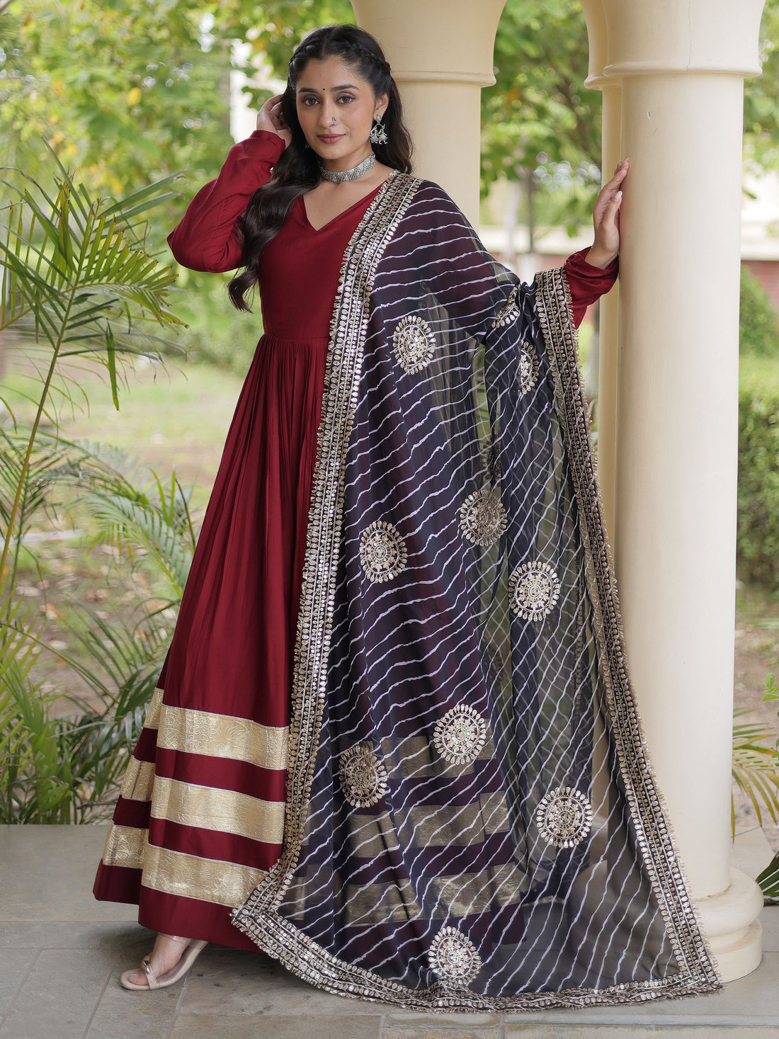 Wonderful Maroon Gota Patti Rayon Festival Wear Gown With Dupatta