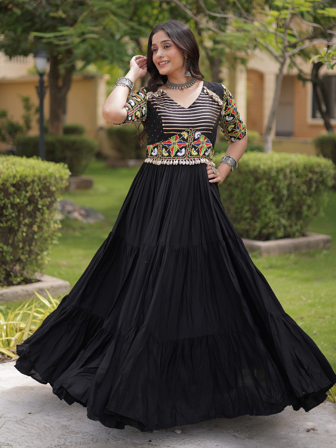 Fashionable Black Gamthi Embroidered Rayon Navratri Wear Gown