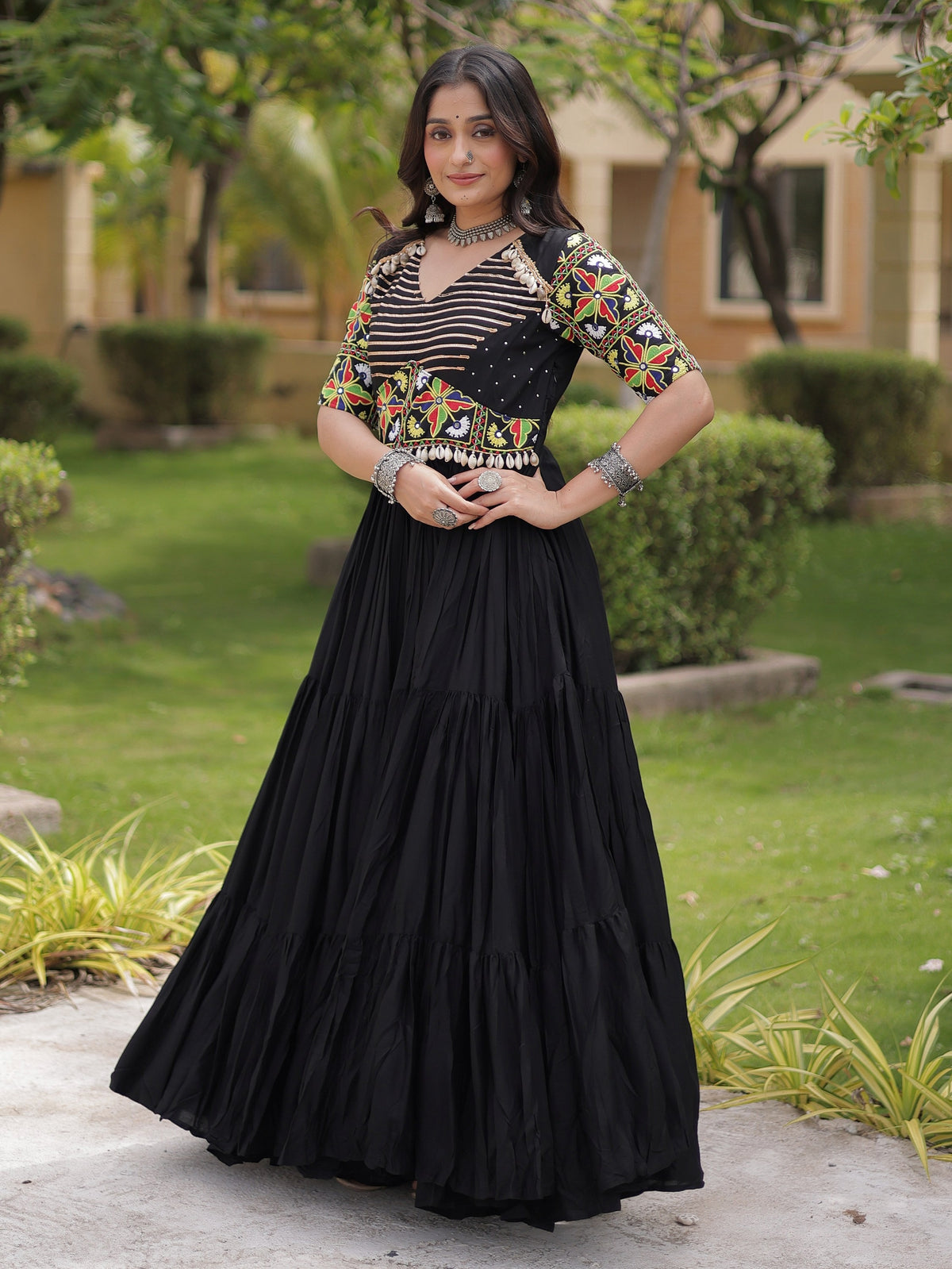 Fashionable Black Gamthi Embroidered Rayon Navratri Wear Gown