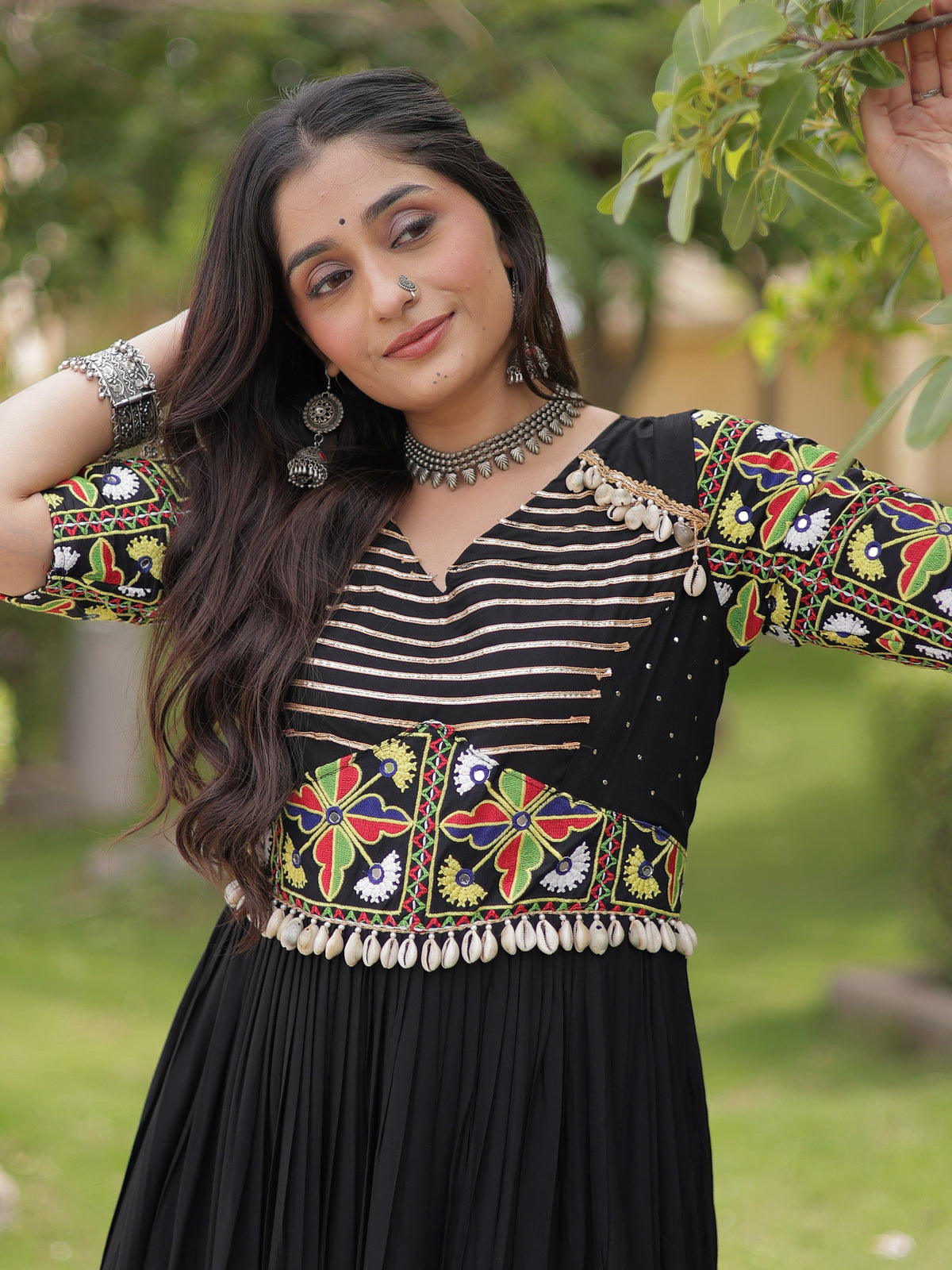 Fashionable Black Gamthi Embroidered Rayon Navratri Wear Gown