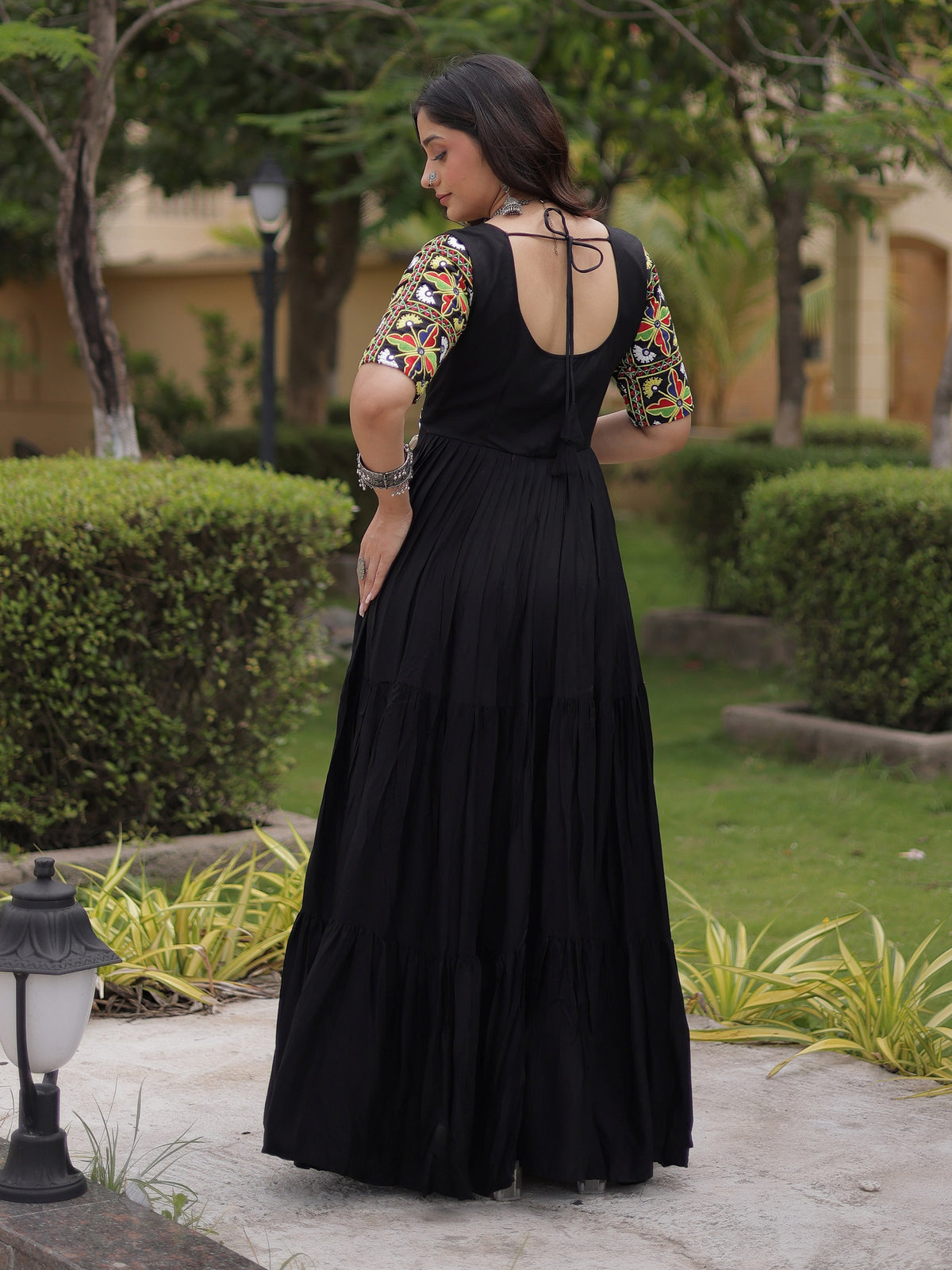 Fashionable Black Gamthi Embroidered Rayon Navratri Wear Gown