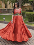 Wonderful Rust Gamthi Embroidered Rayon Navratri Wear Gown