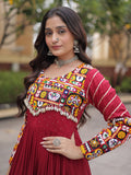 Festive Maroon Gamthi Embroidered Rayon Navratri Wear Gown