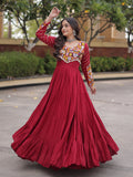 Festive Maroon Gamthi Embroidered Rayon Navratri Wear Gown