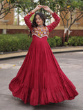 Festive Maroon Gamthi Embroidered Rayon Navratri Wear Gown