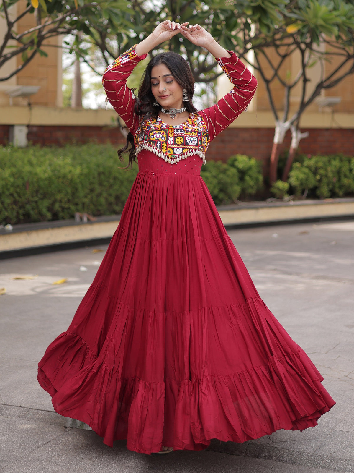 Festive Maroon Gamthi Embroidered Rayon Navratri Wear Gown