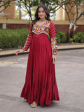 Festive Maroon Gamthi Embroidered Rayon Navratri Wear Gown
