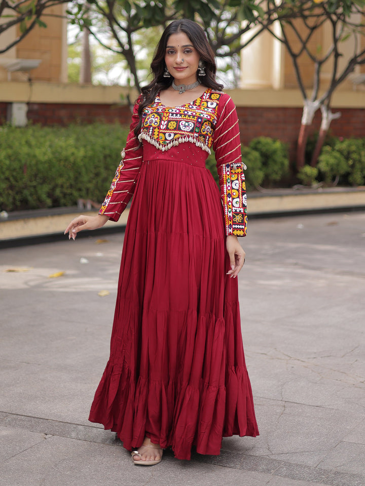 Festive Maroon Gamthi Embroidered Rayon Navratri Wear Gown