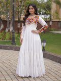 Grand White Mirror Work Rayon Navratri Special Gown