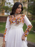 Grand White Mirror Work Rayon Navratri Special Gown