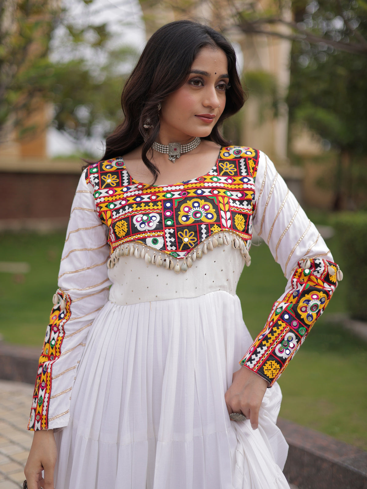 Grand White Mirror Work Rayon Navratri Special Gown