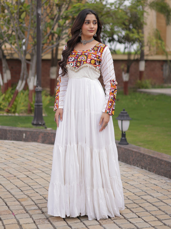 Grand White Mirror Work Rayon Navratri Special Gown