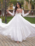Grand White Mirror Work Rayon Navratri Special Gown