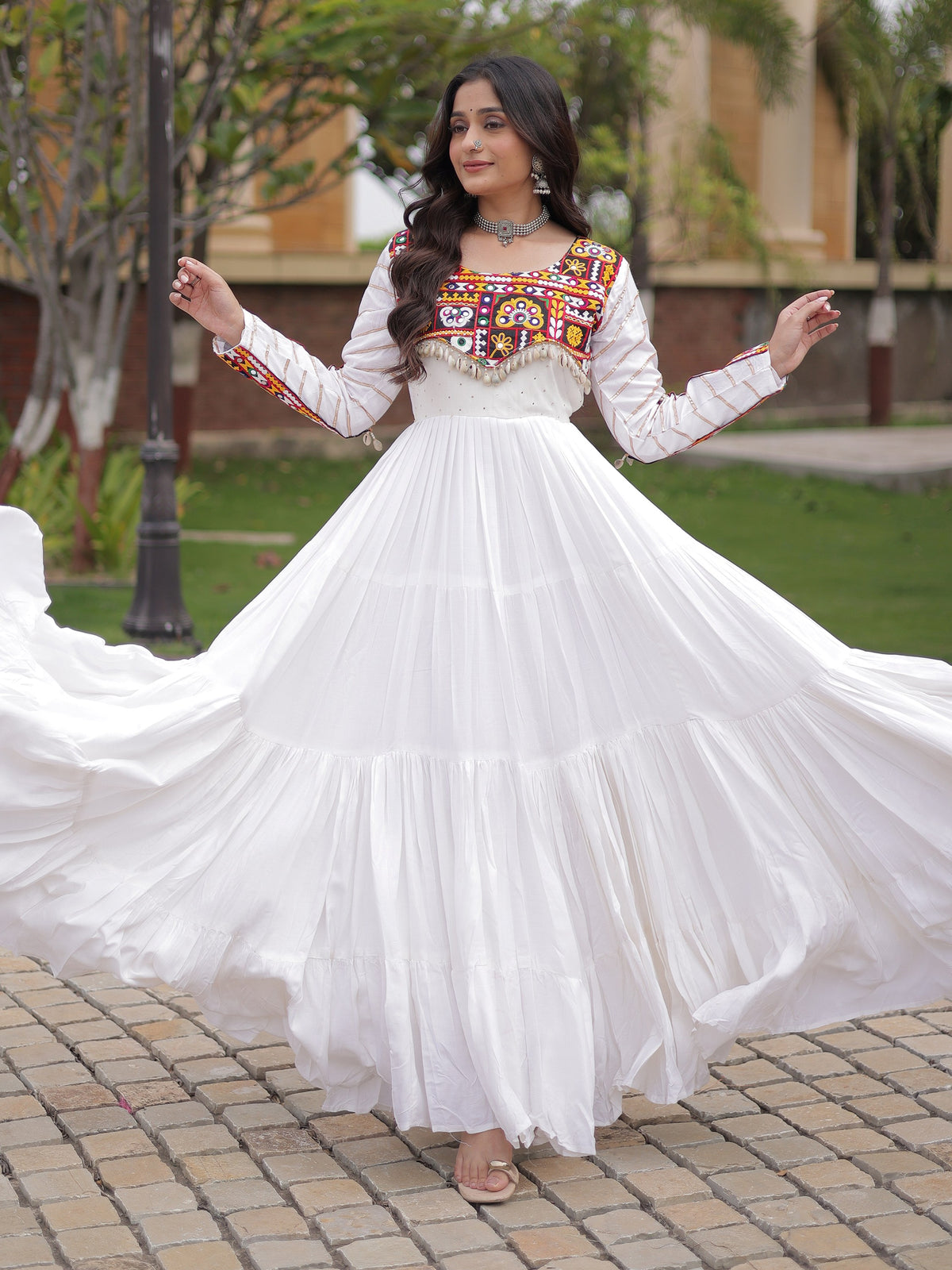Grand White Mirror Work Rayon Navratri Special Gown