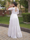 Grand White Mirror Work Rayon Navratri Special Gown