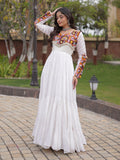 Grand White Mirror Work Rayon Navratri Special Gown