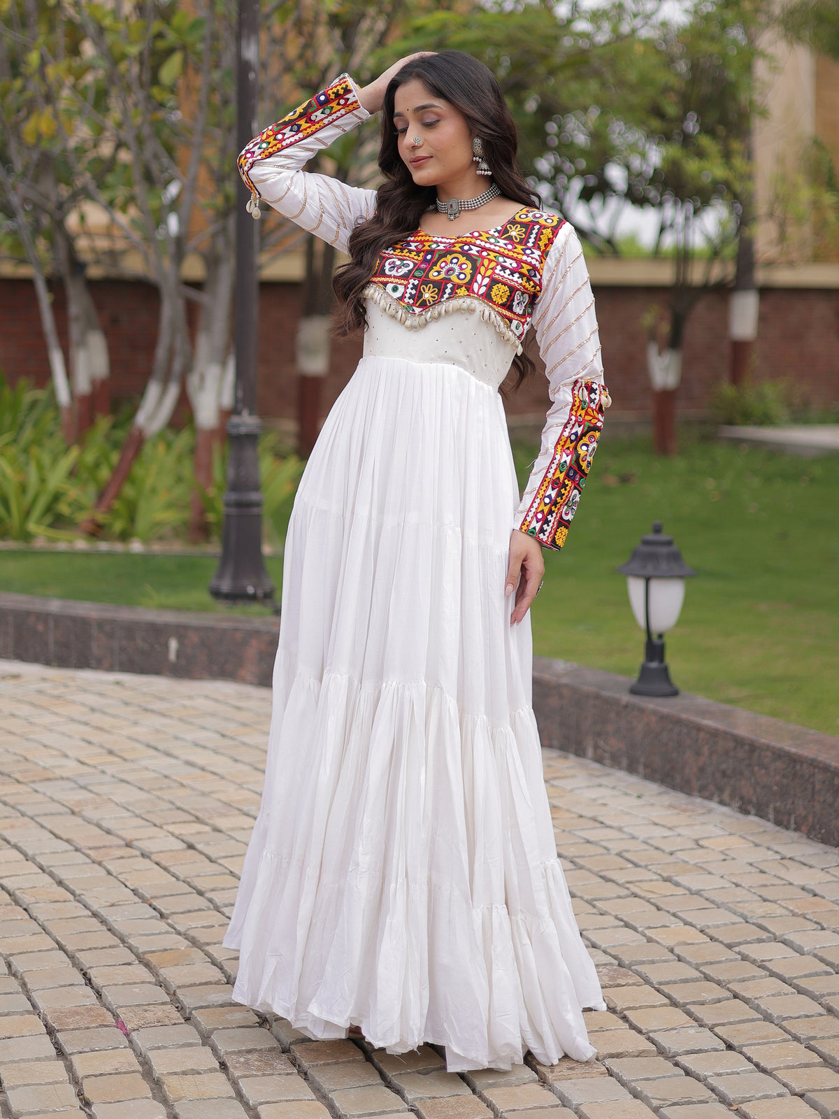 Grand White Mirror Work Rayon Navratri Special Gown