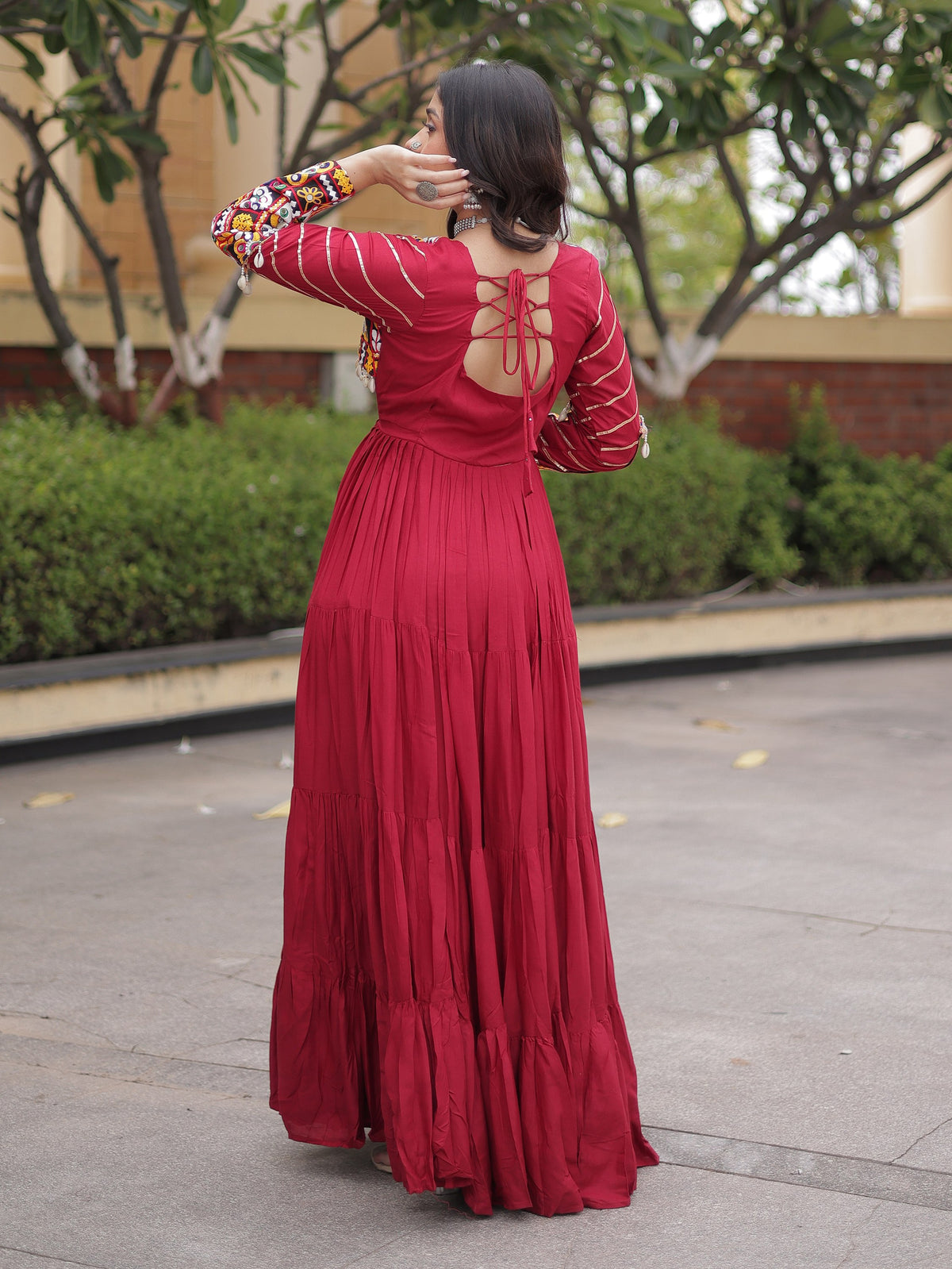 Festive Maroon Gamthi Embroidered Rayon Navratri Wear Gown