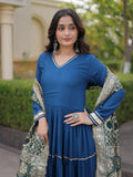 Elegant Rama Gota Patti Rayon Festival Wear Gown With Dupatta