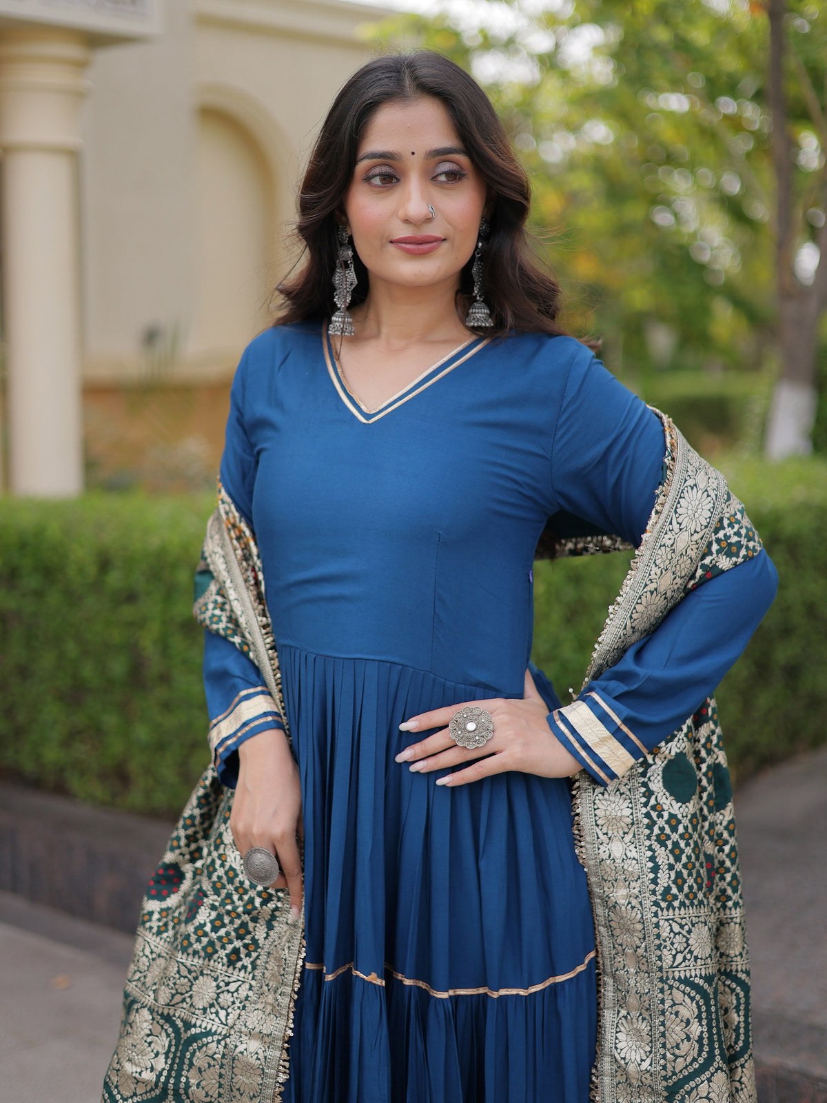 Elegant Rama Gota Patti Rayon Festival Wear Gown With Dupatta