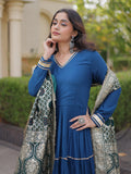 Elegant Rama Gota Patti Rayon Festival Wear Gown With Dupatta