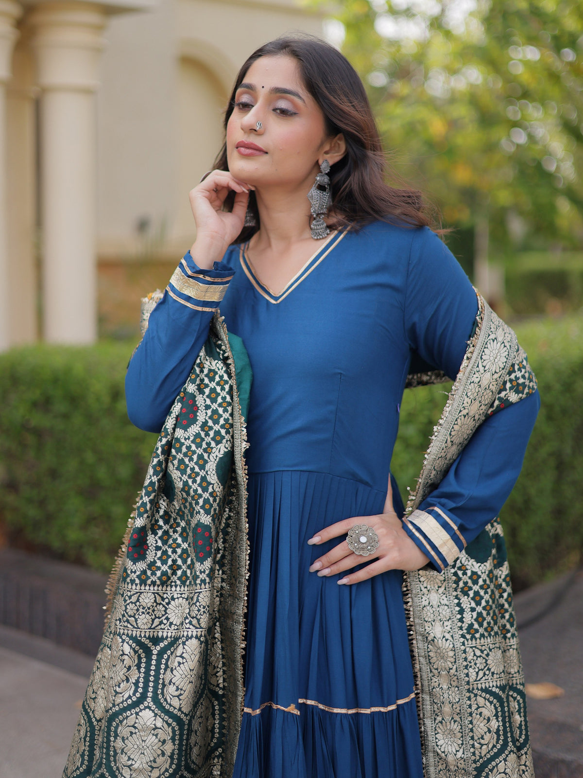 Elegant Rama Gota Patti Rayon Festival Wear Gown With Dupatta