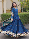 Elegant Rama Gota Patti Rayon Festival Wear Gown With Dupatta